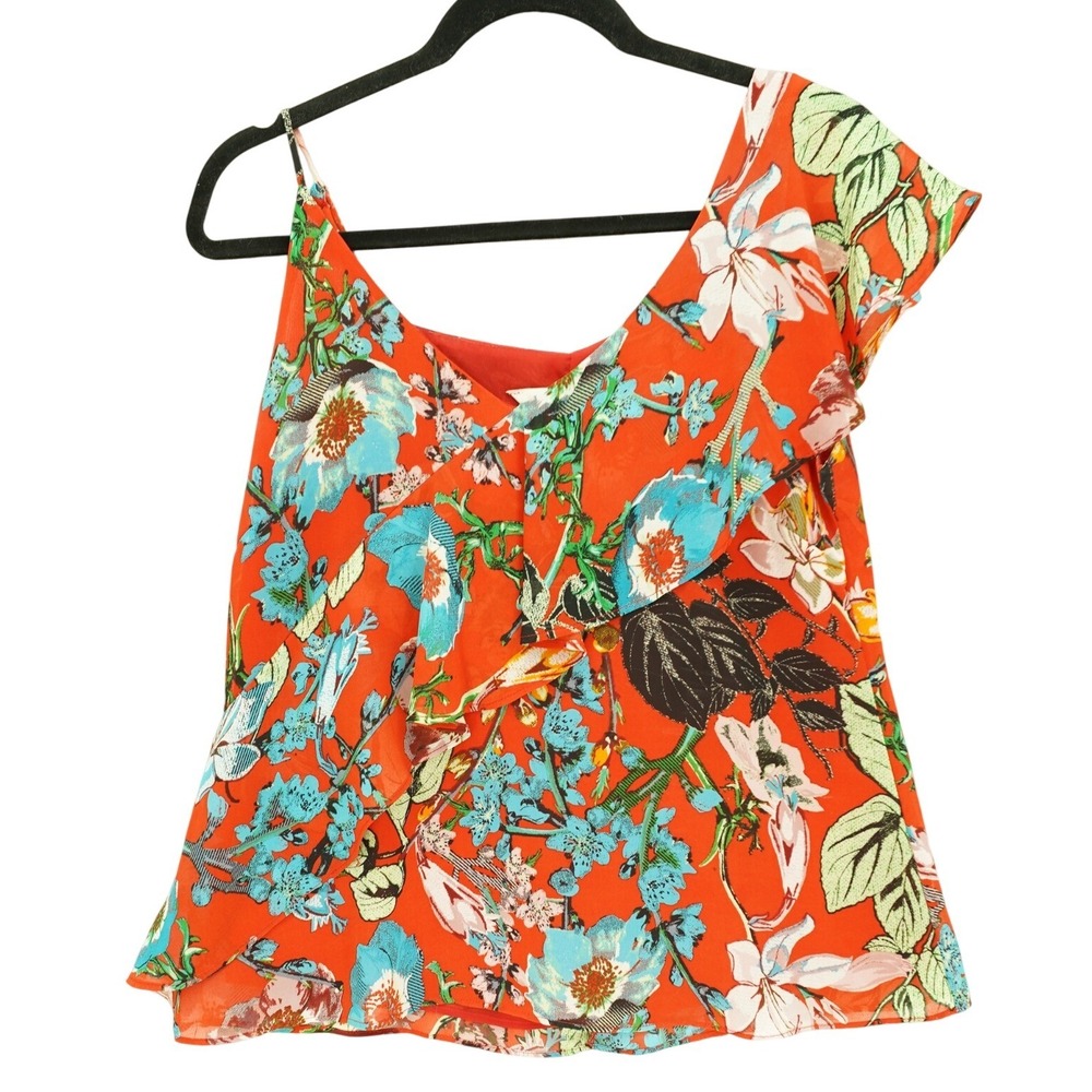 Davi & Dani Tropical Floral Asymmetric One Shoulder Ruffle V-Neck Flowy Top S